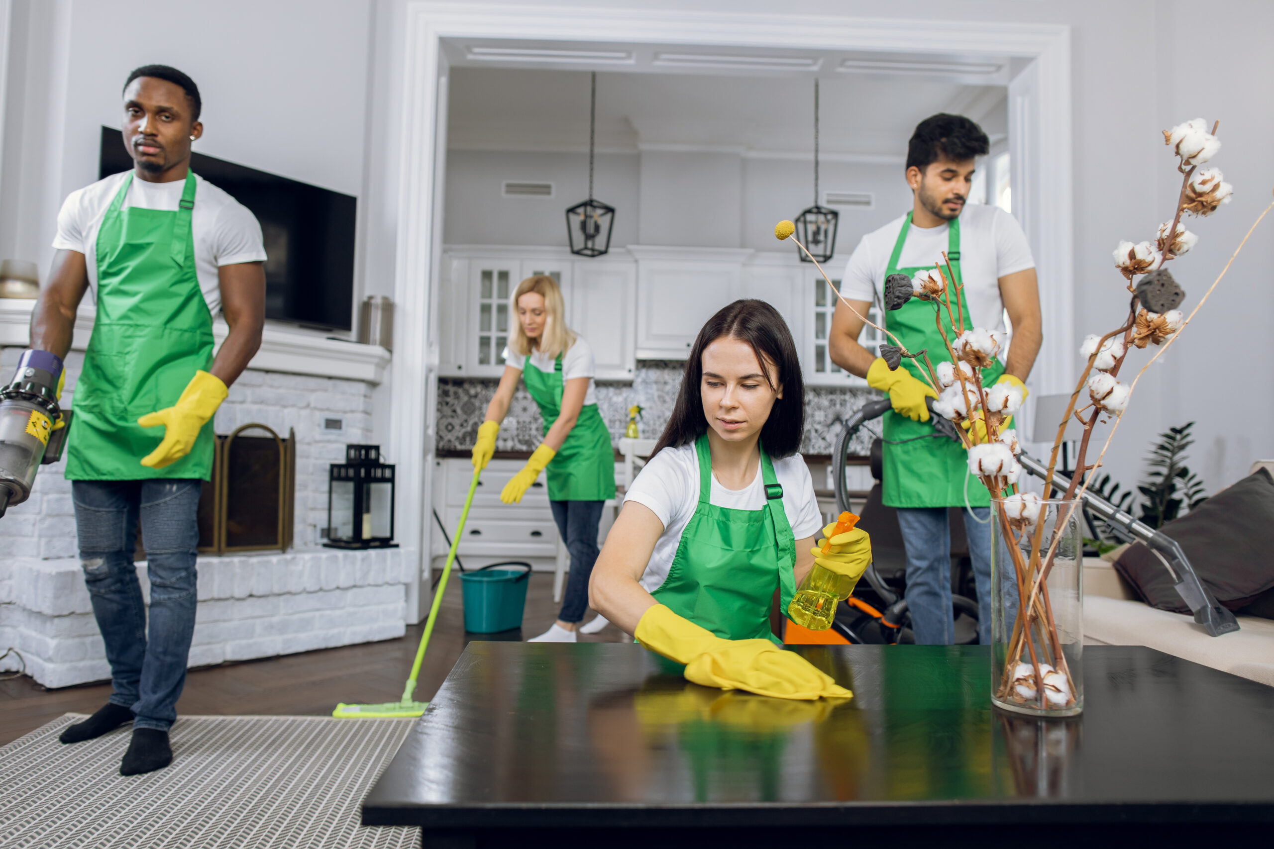 Group of four multiracial people in uniform and gloves using various equipment while doing professional cleaning of bright room. Concept of household and chores.